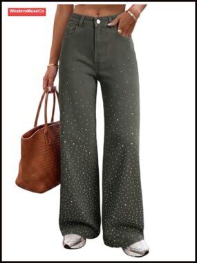 Wide Leg Stretchy Denim Jeans Rhinestone High Rise Baggy Streetwear Pants